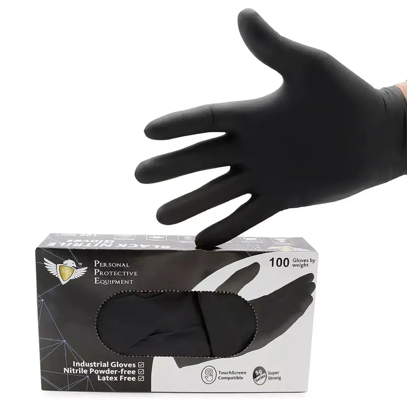 A box of 100 NovaTekDeals black nitrile gloves