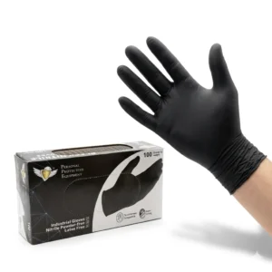 Box of 5 mil black nitrile disposable gloves displayed for beauty salon spa treatments.
