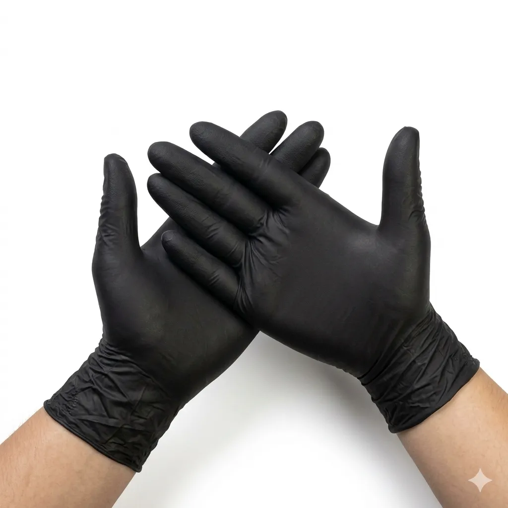 Powder-Free 5 Mil Black Nitrile Tattoo Gloves Powder-free 5 mil black nitrile disposable gloves worn by a tattoo artist during tattooing.