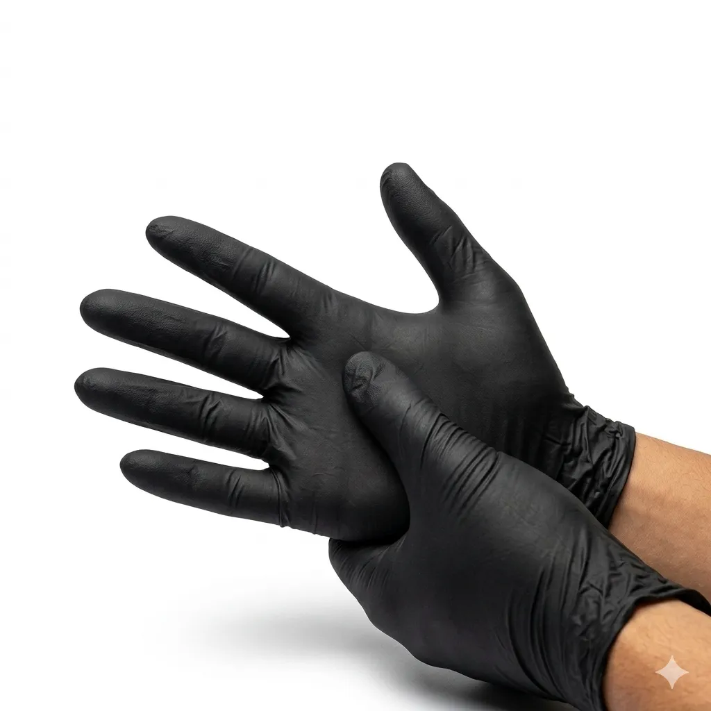 Black Nitrile Disposable Gloves for Barbers Barber wearing disposable black nitrile gloves while cutting and styling hair.