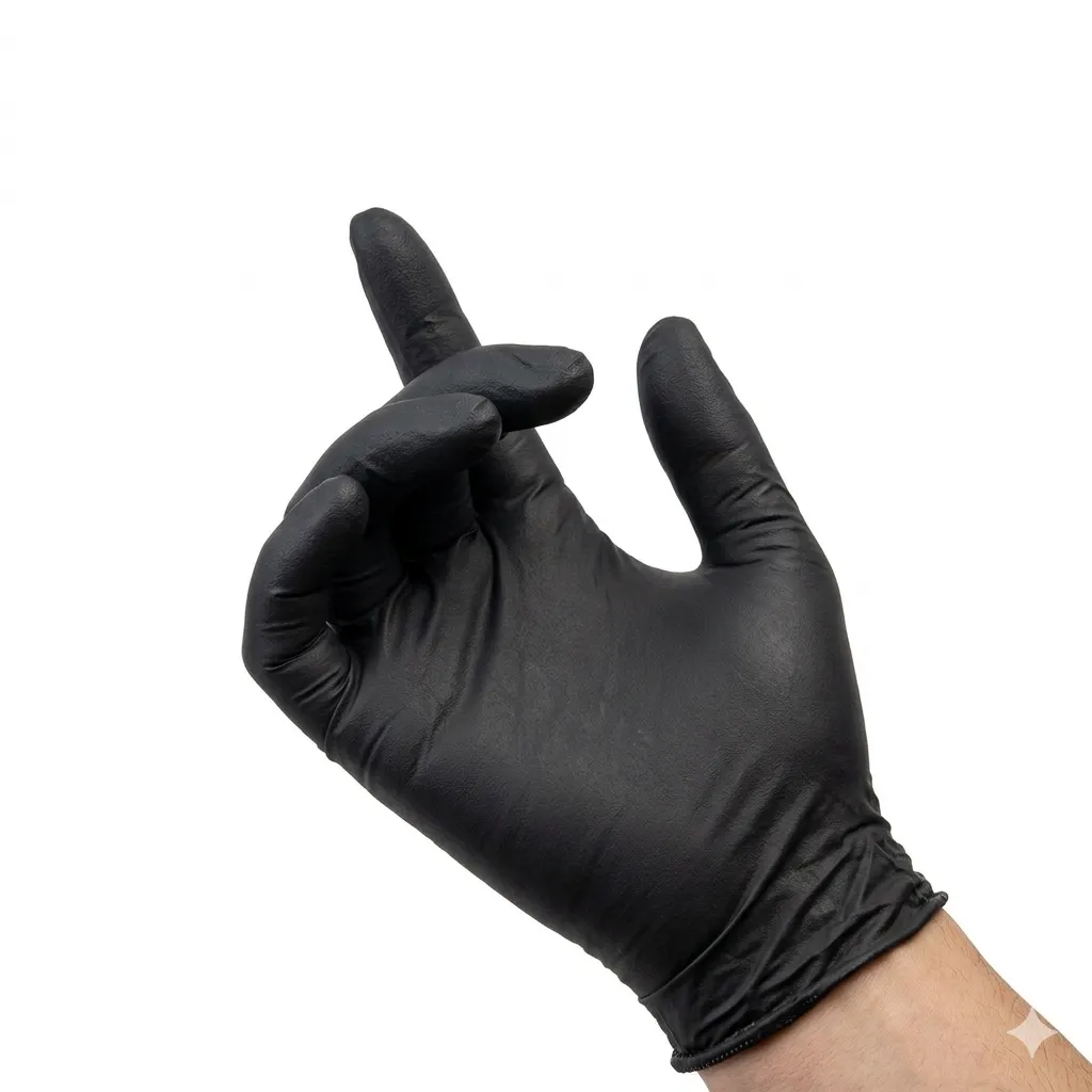 Black Nitrile Nail Technician Manicure Gloves Nail technician wearing black nitrile disposable gloves during a salon manicure procedure.