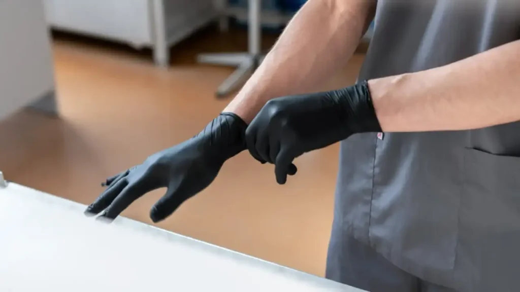 5 Mil Black Nitrile Gloves for Medical Offices A medical worker is wearing a pair of black nitrile gloves 5 mil