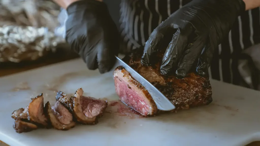 Can You Use 5 Mil Gloves for Food Handling? A pitmaster wearing a pair of black nitrile gloves is cutting a brisket