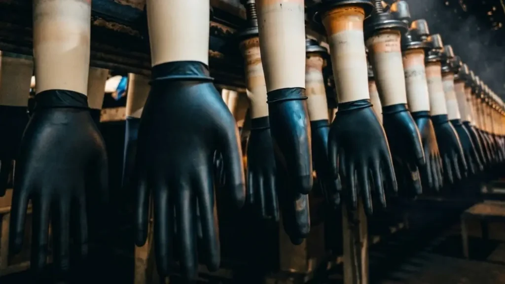 Rows of heavy-duty, 5 mil black nitrile gloves being manufactured on an industrial conveyor line inside a factory.