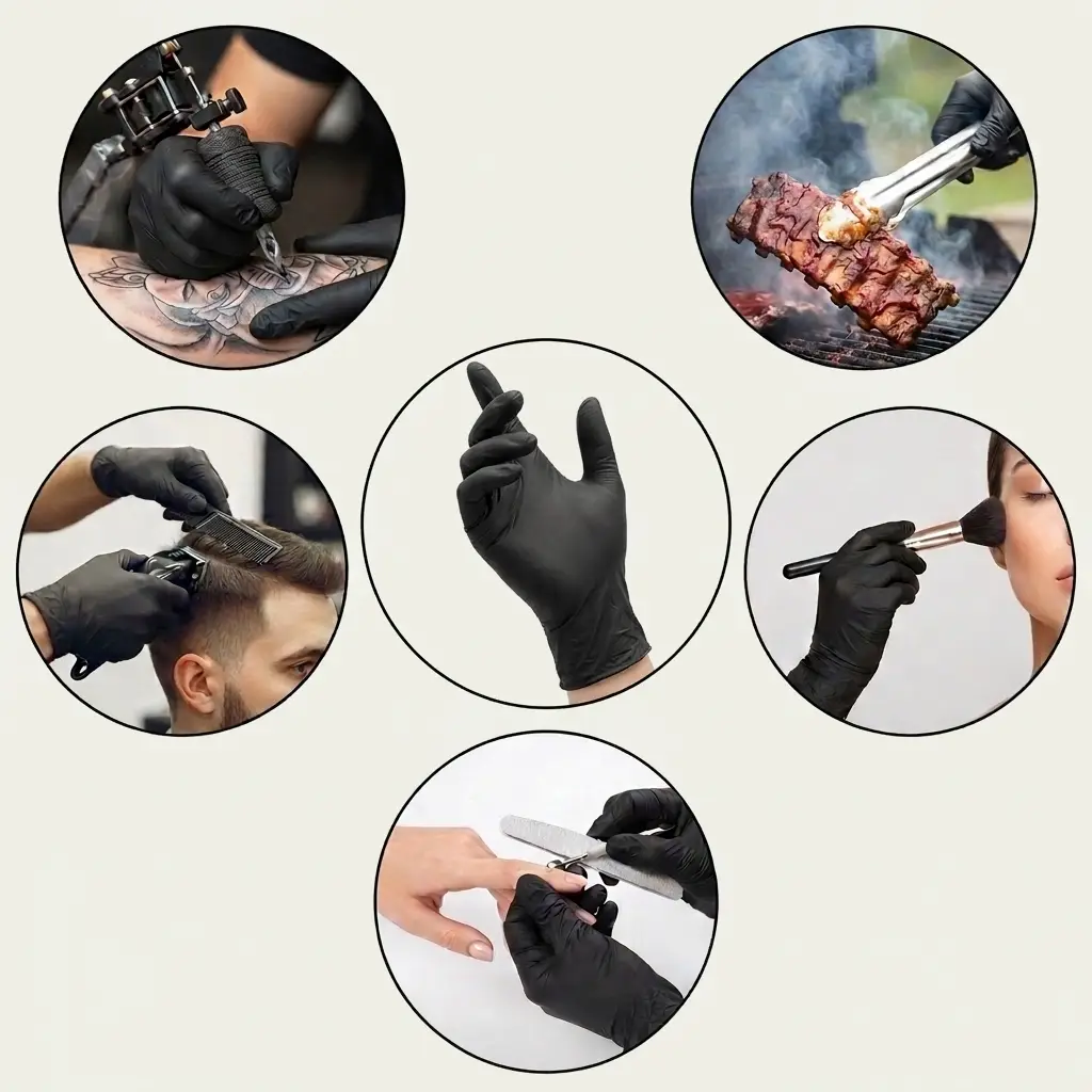 Circular infographic banner showing NovaTekDeals 5 mil black nitrile gloves being used across versatile industries including tattooing, BBQ grilling, haircutting, makeup artistry, and professional manicures.