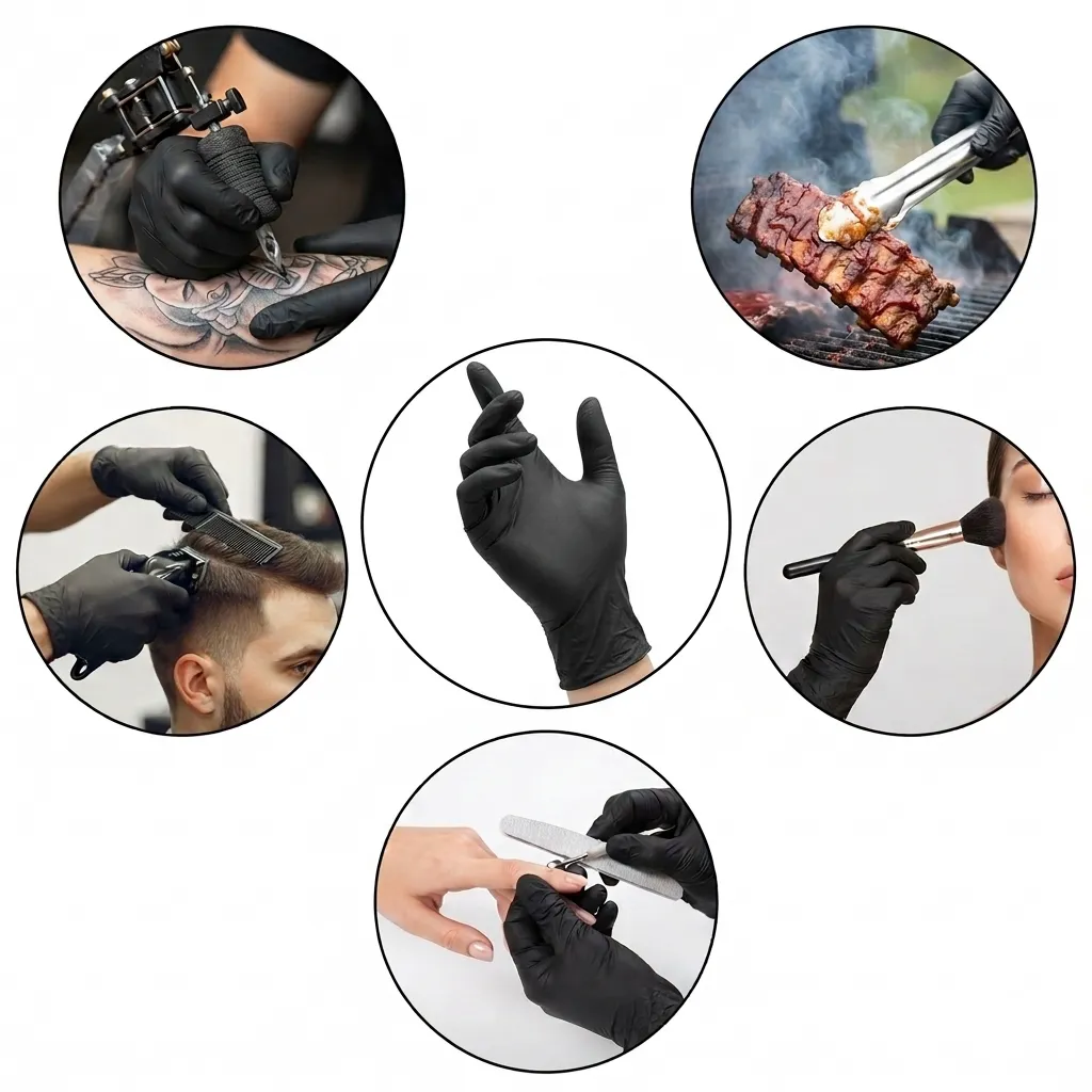 Latex-Free Multi-Purpose Black Nitrile Gloves Multi-purpose latex-free disposable black nitrile gloves for tattooing, barbering, salon work, and BBQ prepping.