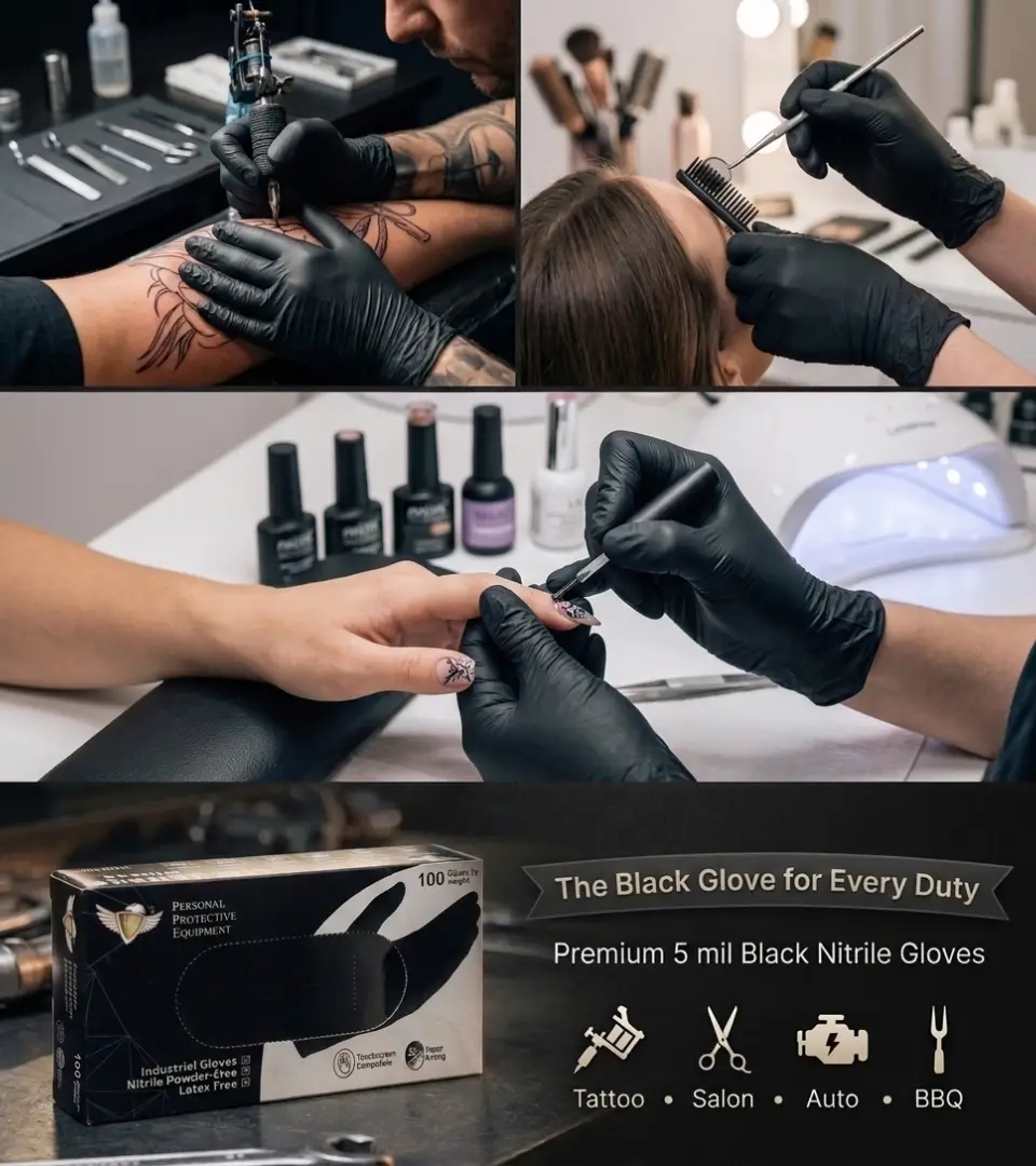 Premium box of NovaTekDeals 5 mil black nitrile gloves shown alongside professional tattoo artists, hair stylists, and nail technicians using heavy-duty hand protection.
